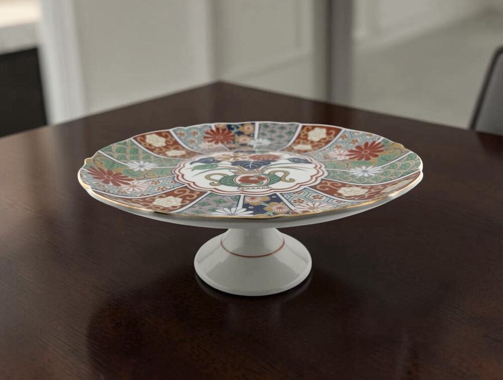 Vintage Arita Imari Fan Design Porcelain Footed Cake Plate 10.25" Japan